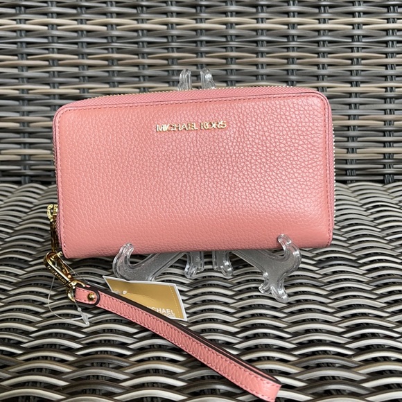 Michael Kors Large Flat MF Phone Case Leather Wallet in Sunset Rose